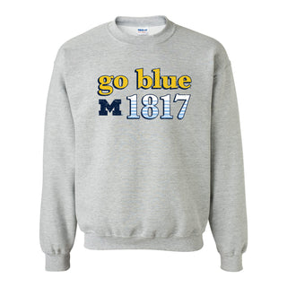 Throwback Year Stripe University of Michigan Wolverines Heavy Blend Crewneck - Sport Grey