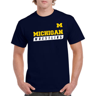 Wrestling Slant University of Michigan Basic Cotton Short Sleeve T Shirt - Navy