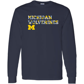 University of Michigan Wolverines Patchwork Cotton Long Sleeve T Shirt - Navy