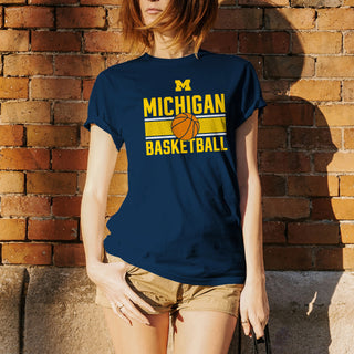 University of Michigan Wolverines Basketball Mesh Basic Cotton Short Sleeve T Shirt - Navy