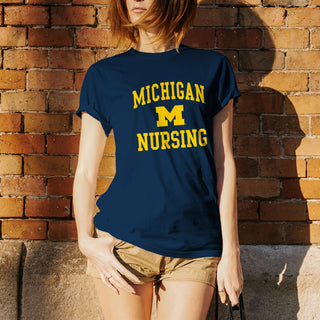 Arch Logo Nursing University of Michigan Basic Cotton Short Sleeve T-Shirt - Navy