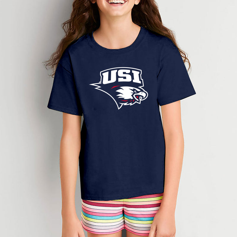 University of Southern Indiana Screaming Eagles Primary Logo Basic Cotton Short Sleeve Youth T Shirt - Navy