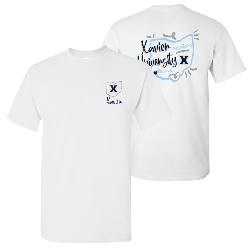 Xavier University Musketeers Playful Sketch Basic Cotton Short Sleeve T Shirt - White